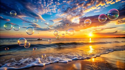 Tranquil coastal scene at sunset with soap bubbles floating over the ocean