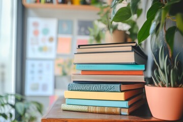 A stack of self-help books with a few inspirational quotes and vision boards nearby 