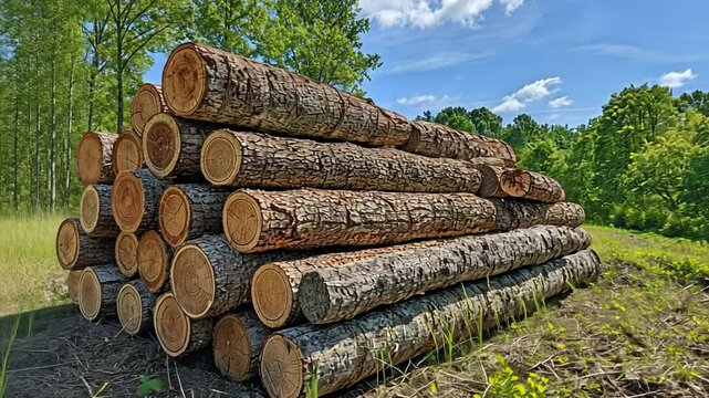 A large stack of logs in the forest