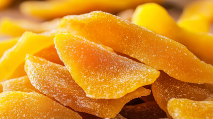 Close-up of bright yellow dried mango slices covered with sugar, with a delicate texture