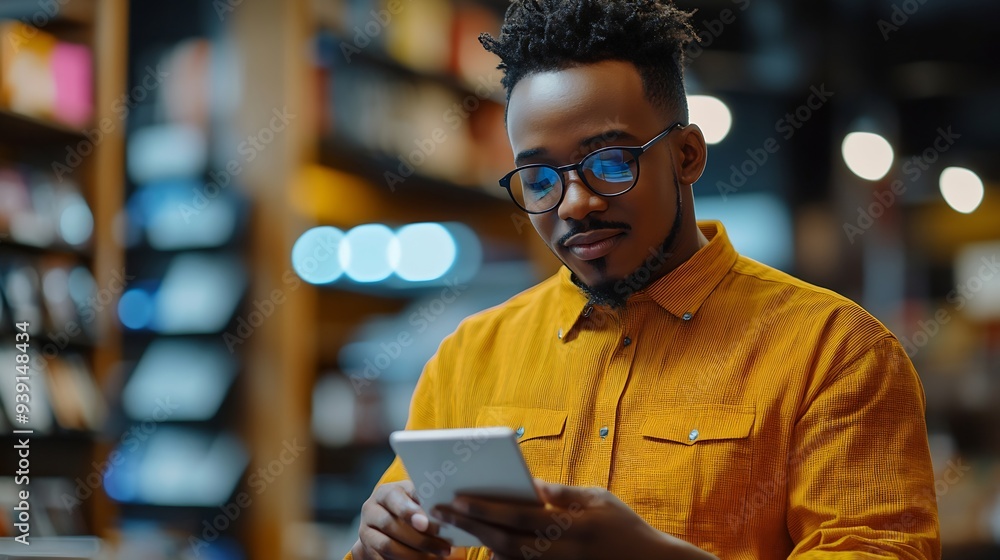 Poster african american man in casual shirt paying with credit card online while making orders via the inte