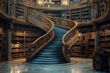 A stunning, luxurious library with a sweeping, curved staircase, and a vast collection of rare books