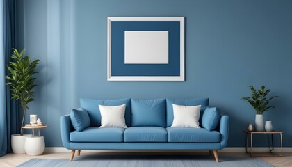 Interior mockup In a white room a blue sofa is placed next to a photo frame on the wall