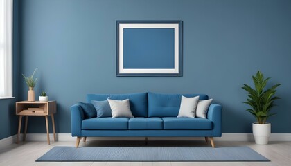 Interior mockup In a white room a blue sofa is placed next to a photo frame on the wall