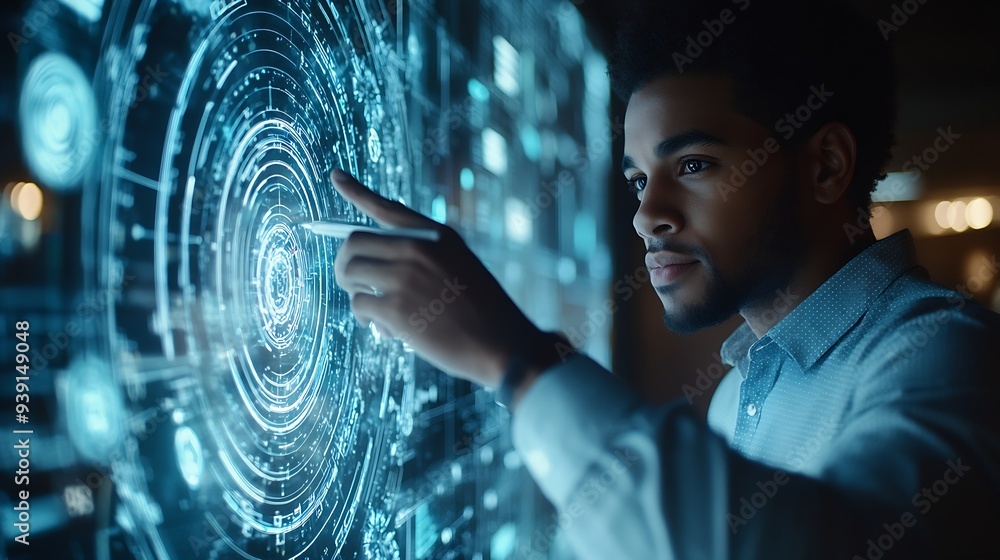 Aufkleber visual effects future technology touch screen interface handsome african american businessman in shi