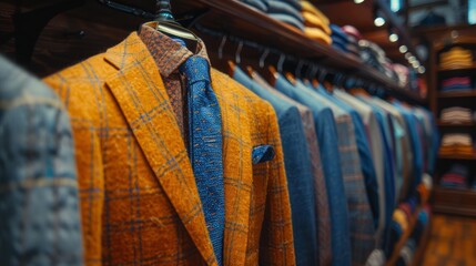 A captivating array of intricately designed suits hangs neatly, highlighting a blend of vibrant colors and patterns, inviting shoppers into an elegant fashion experience