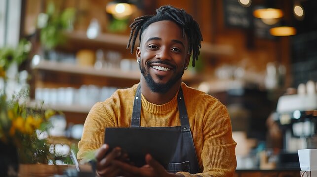 Smiling black male restaurater makes financial report and does shopping online buys products for restaurant studies annual figures analyzes profits Enterprise owner checks status of ba : Generative AI