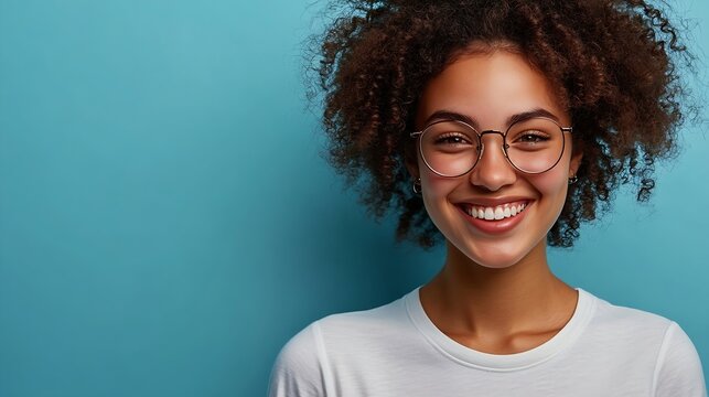 Waist up shot of happy curly woman with toothy smile wears optical glasses and casual solid white t shirt expresses good emotions enjoys nice day isolated over blue background Face exp : Generative AI