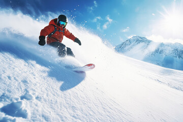 Snowboarder is carving down a mountain slope on a sunny winter day
