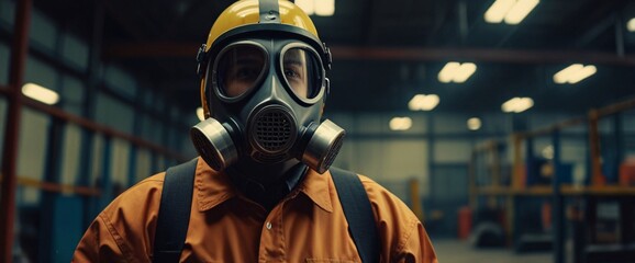 professional a gas mask engineer factory in protective uniform operating machine, Engineering worker in safety hardhat at warehouse industrial facilities, Heavy Industry Manufacturing , An abstract