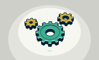 Engineering machine concept poster, gears and cogs vector icon style poster, effective automation.