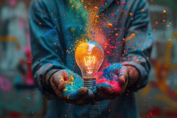 A person holds a light bulb exploding with vibrant powder colors, symbolizing creativity, ideas,...