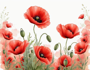 Obraz premium Red poppies, green leaves, stems. Poppies are depicted in various stages of bloom, with some fully open and others in bud. Soft back, creating delicate romantic feel. Copy space. Postcard or layout.