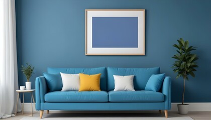 Interior mockup In a white room a blue sofa is placed next to a photo frame on the wall