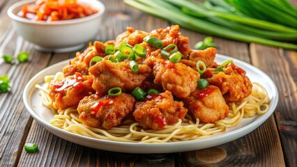 Juicy breaded chicken pieces smothered in a tangy sweet and sour sauce, garnished with crispy noodles and fresh green onions, served on a white plate.