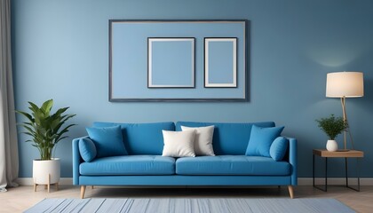 Interior mockup In a white room a blue sofa is placed next to a photo frame on the wall