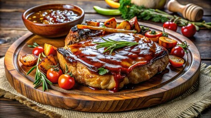 Juicy glazed pork chop with sweet and sticky BBQ sauce, roasted to perfection, served with roasted vegetables on a rustic wooden platter.