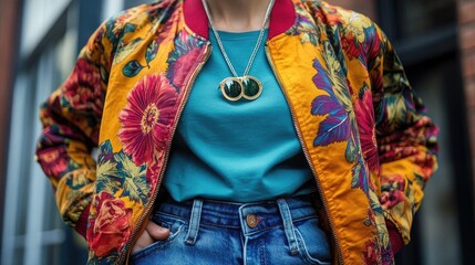 Obraz premium A person wearing a bold print jacket over a simple t-shirt and jeans, illustrating how street style often features statement pieces that stand out