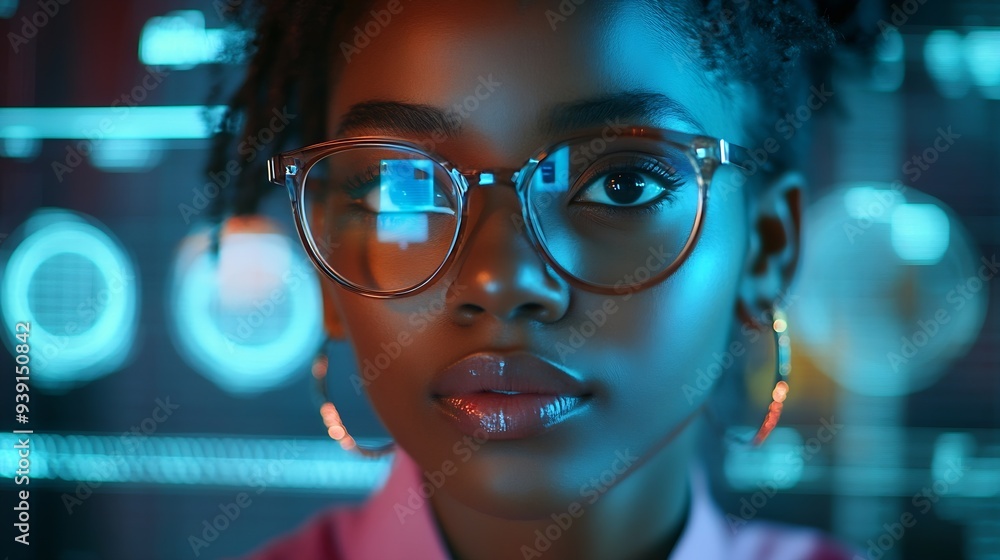 Aufkleber selfconfident black scientist in glasses and pink shirt using futuristic touchscreen display drawing