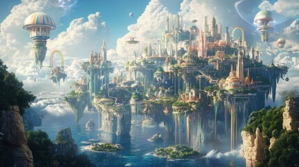 Obraz premium A Floating City With Buildings, Trees, and a Rainbow