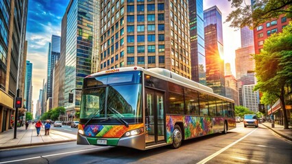 Obraz premium large city bus with sleek design and colorful advertisements drives down a bustling metropolis street lined with tall skyscrapers.
