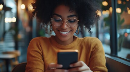 Adorable hipster darkskinned woman with Afro hairstyle checking her news feed or messaging via social networks using free wifi on mobile phone smiling sitting at cafe in front of lapto : Generative AI