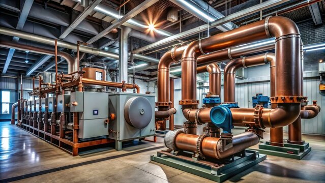 Large industrial water-cooled chillers with copper pipes and gauges, standing side by side in a dimly lit, concrete-floored mechanical room or data center.