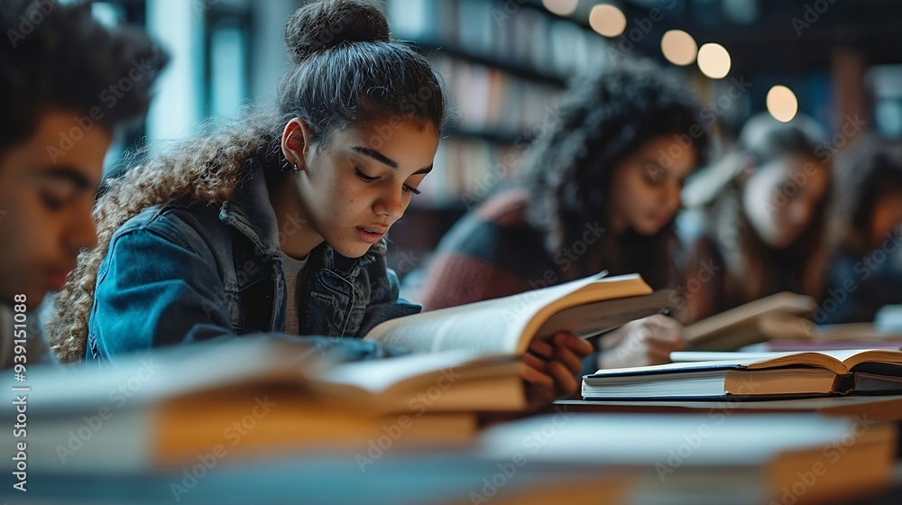 Poster indoor shot of group of multiracial students having meeting working together using books trying to w