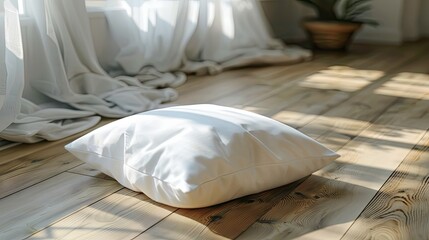 Soft white cushion on wooden surface
