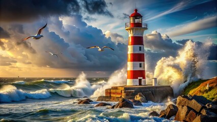 Obraz premium Lighthouse With Red And White Stripes Stands Tall On A Rocky Coastline With Crashing Waves And Seagulls Soaring Overhead.