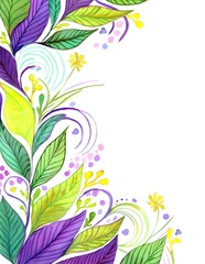 green, yellow and purple floral background with leaves and flowers, room for text