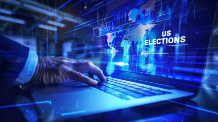 Amidst a futuristic, illuminated setting, a focused hand navigates a laptop as vibrant graphics highlight critical information about US elections, evoking a sense of urgency and technology