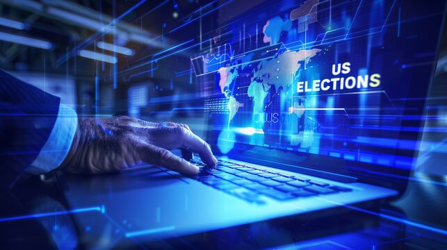 Amidst a futuristic, illuminated setting, a focused hand navigates a laptop as vibrant graphics highlight critical information about US elections, evoking a sense of urgency and technology
