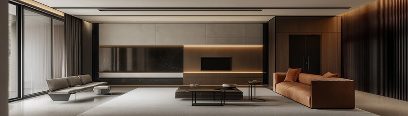 A modern spacious living room with a minimalist aesthetic. 