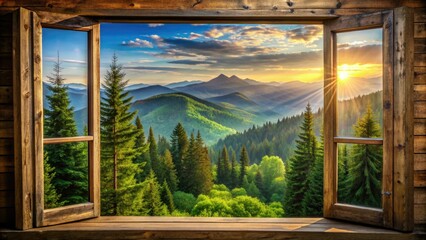lush green forest and distant blue mountains unfold outside a sun-kissed window with aged wooden frame.