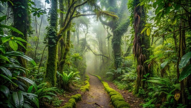 Lush green foliage and vines envelop a narrow winding trail in the dense Ecuadorian jungle, with misty fog rolling in beneath the towering trees.