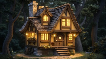 Charming Forest Cottage Surrounded By Lush Trees Warm Glowing Lights Rustic Architecture Serene Garden Pathway