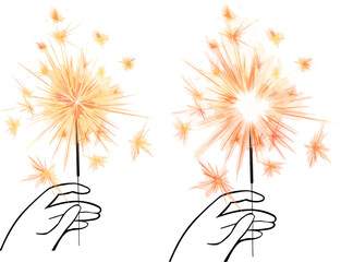 Red Bengal fire set drawing vector clip art festive greeting cards, invitations, banners. Small firework on stick Happy New Year party invitation sparkler firework illustration. Magic wand accessory