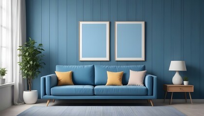 Interior mockup In a white room a blue sofa is placed next to a photo frame on the wall