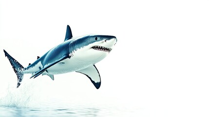 Fototapeta premium A close-up of a shark leaping from the water, isolated on a stark white background for a dramatic effect