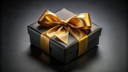 Luxurious black gift box topped with a perfectly tied golden bow, conveying elegance and sophistication against a dramatic dark background.