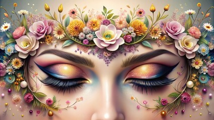 Luxurious cosmetic design element featuring intricately illustrated, ornate eyelashes and delicate flowers, perfect for adding a touch of sophistication to beauty and fashion projects.