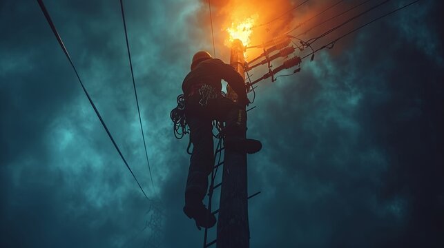 A dedicated lineman ascends a utility pole illuminated by flames, navigating the challenges of high-voltage repairs amidst a stormy, dramatic backdrop