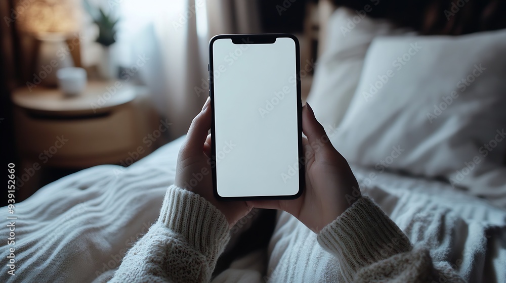 Aufkleber cropped view of female hands holding smart phone with blank screen for your text woman reading messa