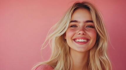 Fototapeta premium Isolated shot of joyful blonde young cute woman laughs joyfully as hears funny anecdote from friend has long light hair poses against pink studio wall Happiness and positive emotions c : Generative AI