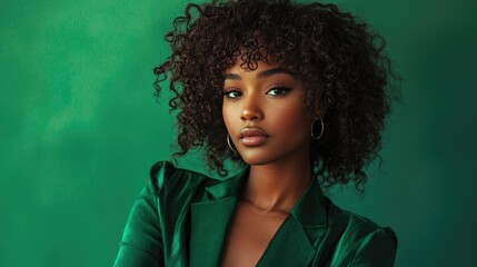 Sophisticated Black Woman with Curly Hair Showcasing Green Fashion