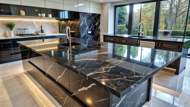 Luxurious dark marble stone countertop with subtle white veining and glossy finish, perfect for high-end interior design and architecture projects.