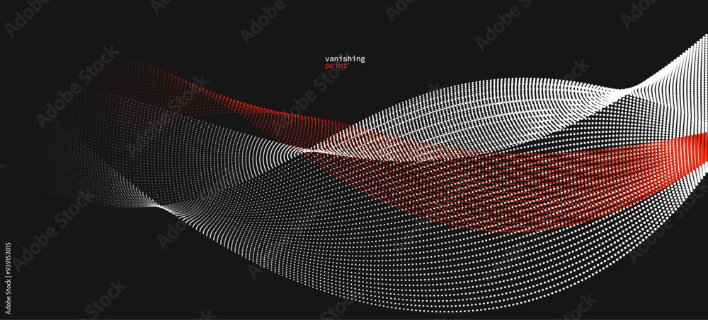 Poster abstract background vector illustration, red and black dots in motion by curve lines, particles flow