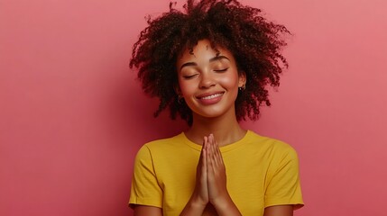 Sign of affection and admiration Pretty curly woman presses palms to heart being grateful for gift wears yellow t shirt poses over rosy background says you are always in my heart smile : Generative AI