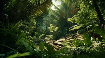 Tropical jungles of Southeast Asia with green wild plants. Neural network ai generated art